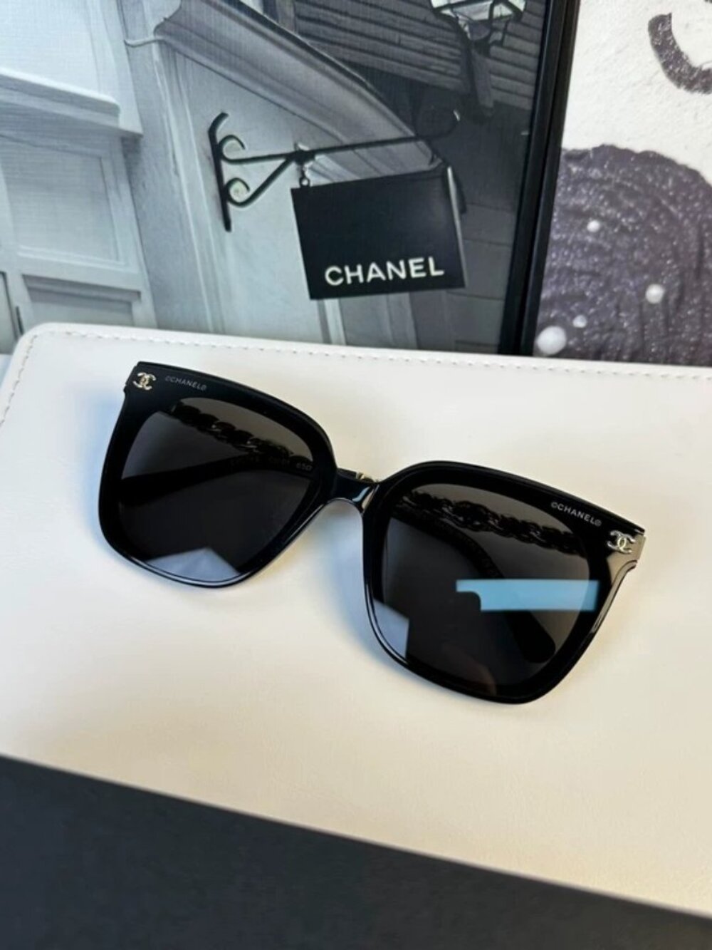 CHANEL Black Leather Chain Square Sunglasses CH0759 NWT Authentic - Picture 4 of 8